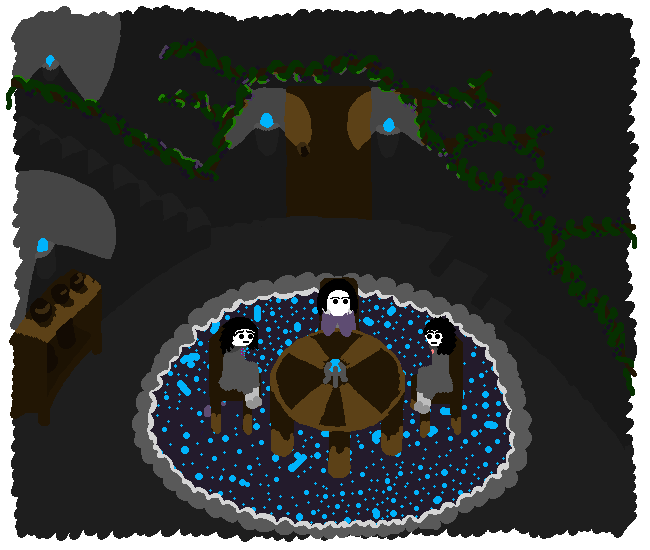 The three sit around a table within the tower. The whole place is kept dimly lit by CG's magic, rocks in sconces around the room. A rug beneath the table glows in CG's blue and vines grow across the walls, berries dotting them. Reese looks at nothing, Kennari looks at Reese, and CG looks at Kennari, worried expression.
